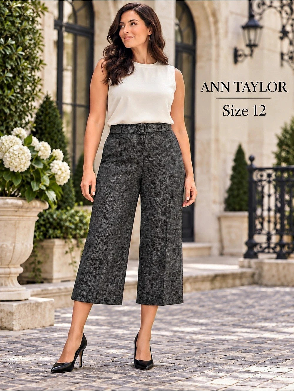 Ann Taylor Herringbone Belted Wide Leg Cropped Pants Size 12 Gray Black